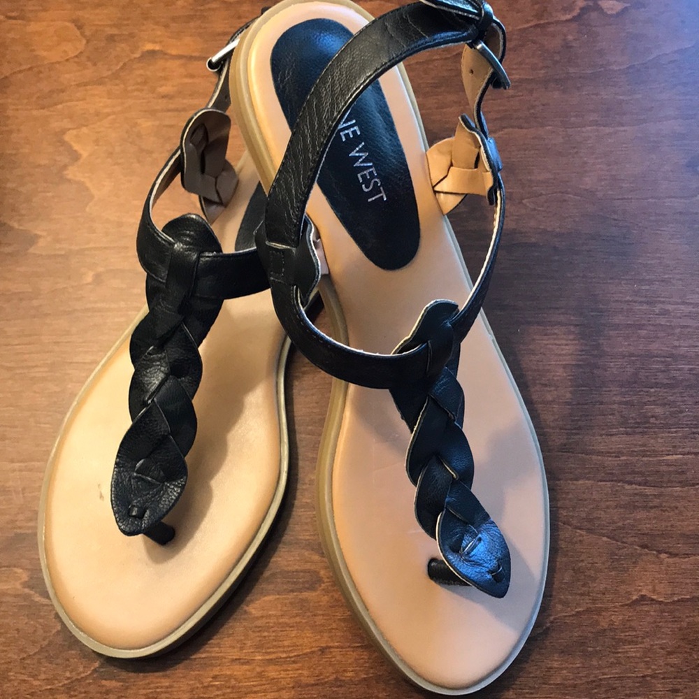 Black leather strap flat sandals